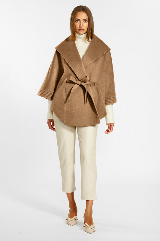 Sentaler Cape with Shawl Collar and Belt crafted in Baby Alpaca wool and in Dark Camel. Seen from front on female model belted.