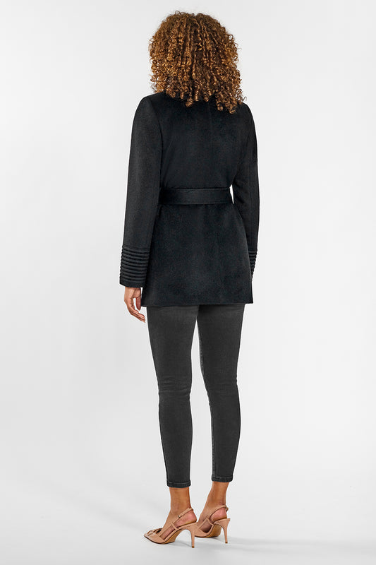 Sentaler Cropped Notched Collar Wrap Coat with Square Pockets crafted in Baby Alpaca and in Black. Seen from back on female model.