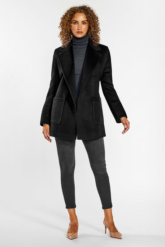 Sentaler Cropped Notched Collar Wrap Coat with Square Pockets crafted in Baby Alpaca and in Black. Seen from front open on female model.