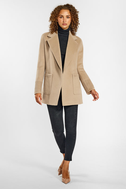 Sentaler Cropped Notched Collar Wrap Coat with Square Pockets crafted in Baby Alpaca and in Camel. Seen from front open on female model.