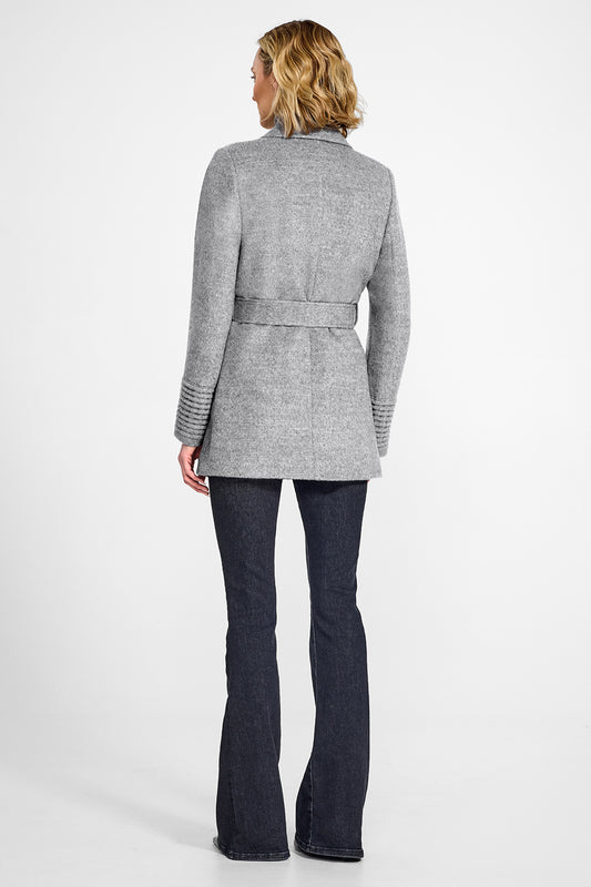Sentaler Cropped Notched Collar Square Pocket Wrap Shale Grey Coat in Baby Alpaca wool. Seen from back on female model.