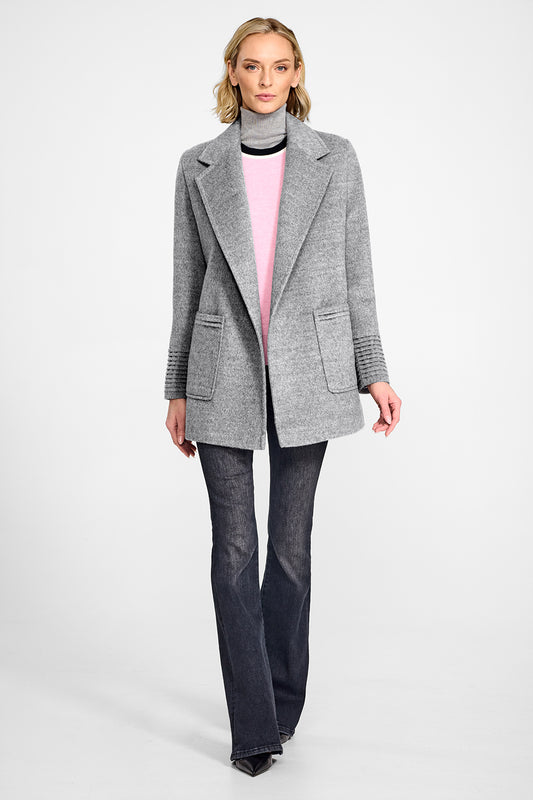 Sentaler Cropped Notched Collar Square Pocket Wrap Shale Grey Coat in Baby Alpaca wool. Seen from front open on female model.