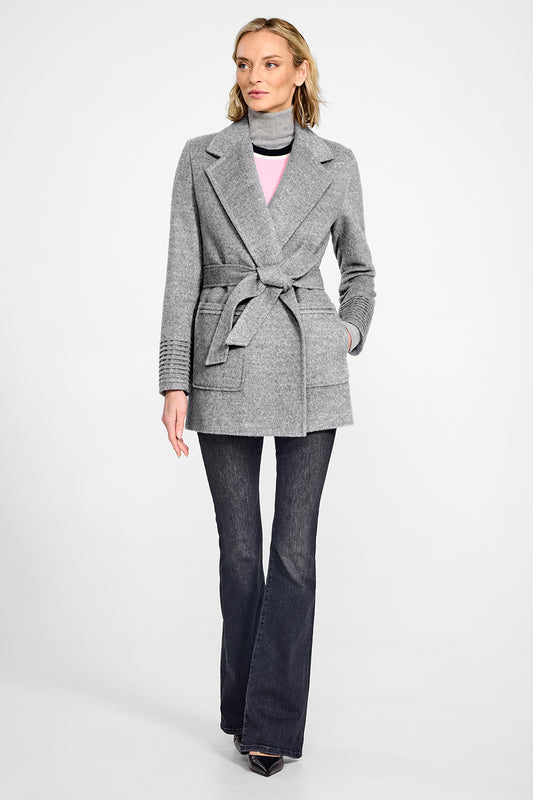 Sentaler Cropped Notched Collar Square Pocket Wrap Shale Grey Coat in Baby Alpaca wool. Seen from front on female model.