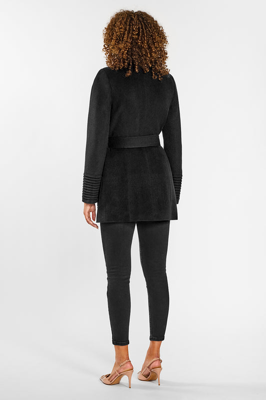 Sentaler Cropped Wide Collar Wrap Coat featured in Baby Alpaca and available in Black. Seen from back on female model.