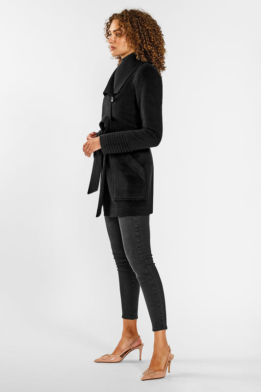 Sentaler Cropped Wide Collar Wrap Coat featured in Baby Alpaca and available in Black. Seen from side on female model.