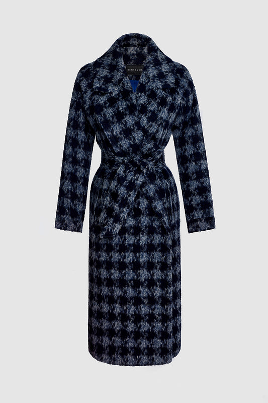 Sentaler Houndstooth Alpaca Long Raglan Sleeve Notched Collar Coat featured in Printed Suri Alpaca and available in Navy Houndstooth Blue. Seen as off figure belted.