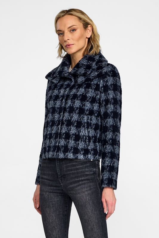 Sentaler Alpaca Double Collar Moto Navy Houndstooth Jacket in Suri Alpaca wool. Seen from front above the knees on female model.