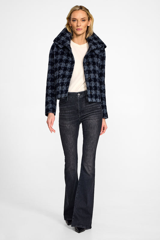 Sentaler Alpaca Double Collar Moto Navy Houndstooth Jacket in Suri Alpaca wool. Seen from front open on female model.