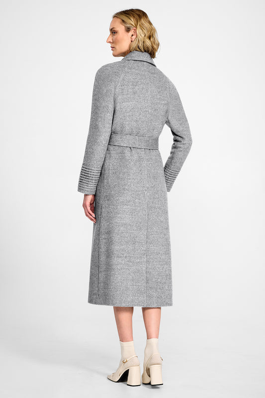 Sentaler Long Notched Collar Raglan Sleeve Wrap Shale Grey Coat in Baby Alpaca wool. Seen from back on female model.