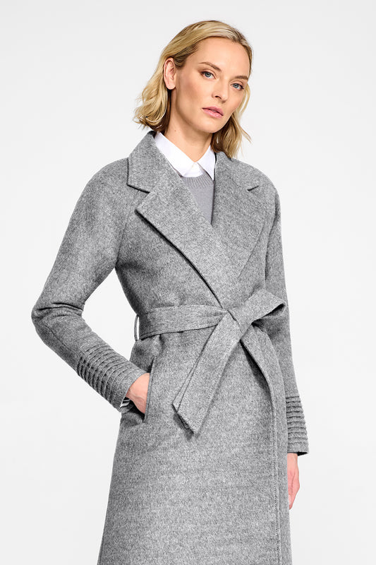Sentaler Long Notched Collar Raglan Sleeve Wrap Shale Grey Coat in Baby Alpaca wool. Seen from front above the knees on female model.