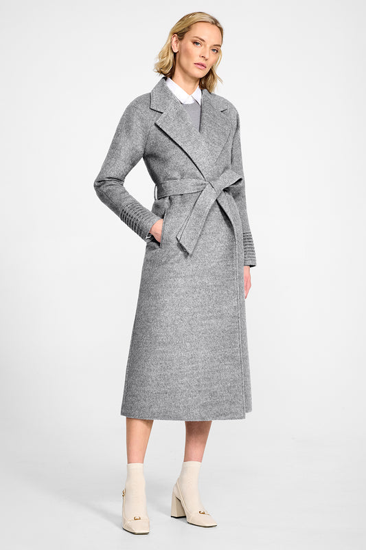 Sentaler Long Notched Collar Raglan Sleeve Wrap Shale Grey Coat in Baby Alpaca wool. Seen from front on female model.