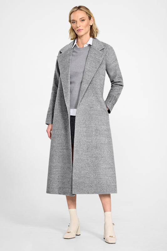 Sentaler Long Notched Collar Raglan Sleeve Wrap Shale Grey Coat in Baby Alpaca wool. Seen from front open on female model.