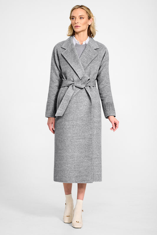Sentaler Long Notched Collar Raglan Sleeve Wrap Shale Grey Coat in Baby Alpaca wool. Seen from front on female model.