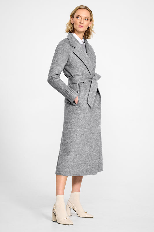 Sentaler Long Notched Collar Raglan Sleeve Wrap Shale Grey Coat in Baby Alpaca wool. Seen from side on female model.