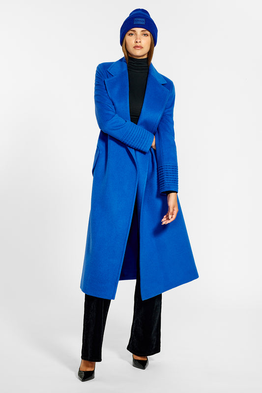 Sentaler Long Notched Collar Wrap Coat and Alpaca Beanie crafted in Baby Alpaca wool and in Cobalt Blue. Seen from front open on female model.