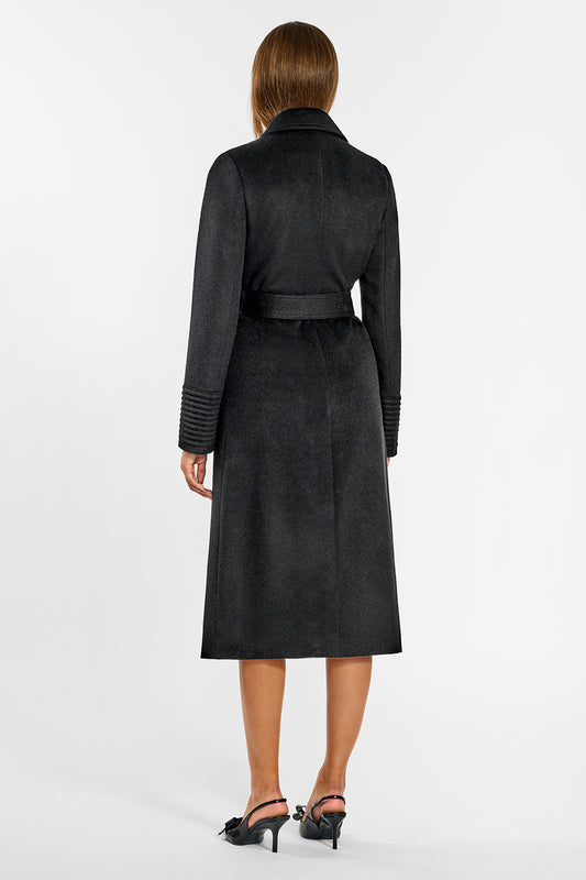 Sentaler Long Notched Collar Wrap Coat crafted in Baby Alpaca wool and in Black. Seen from back on female model.