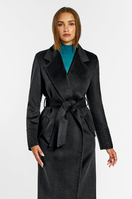 Sentaler Long Notched Collar Wrap Coat crafted in Baby Alpaca wool and in Black. Seen from front above the knees on female model.