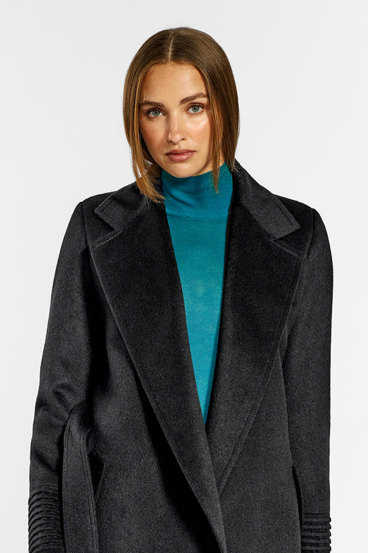 Sentaler Long Notched Collar Wrap Coat crafted in Baby Alpaca wool and in Black. Seen from front open close up on female model.