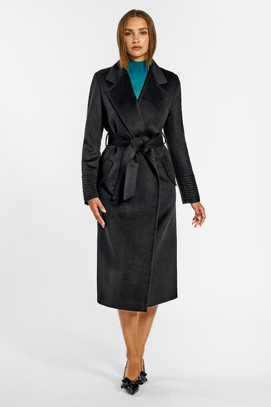Sentaler Long Notched Collar Wrap Coat crafted in Baby Alpaca wool and in Black. Seen from front on female model.