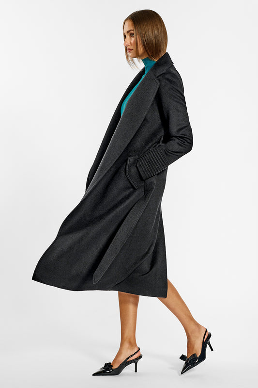 Sentaler Long Notched Collar Wrap Coat crafted in Baby Alpaca wool and in Black. Seen from side open on female model.
