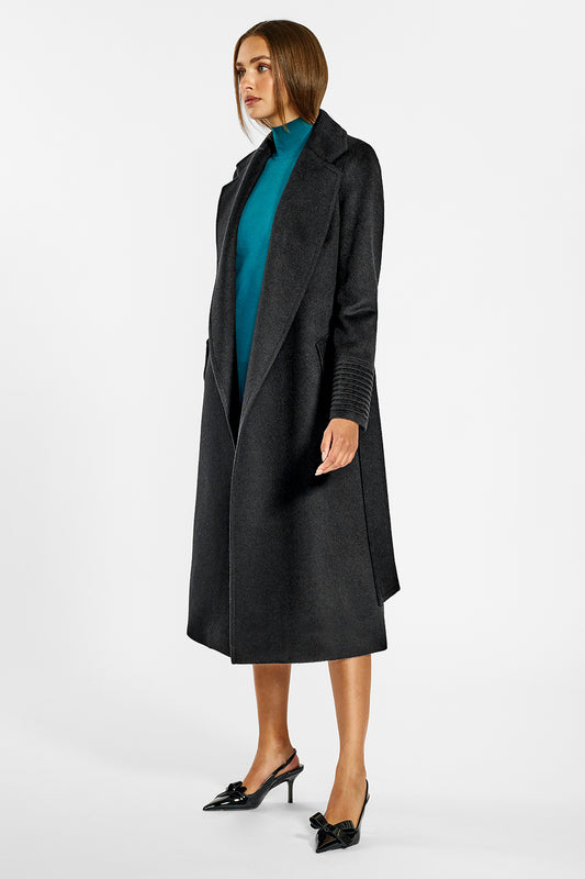 Sentaler Long Notched Collar Wrap Coat crafted in Baby Alpaca wool and in Black. Seen from side open on female model.