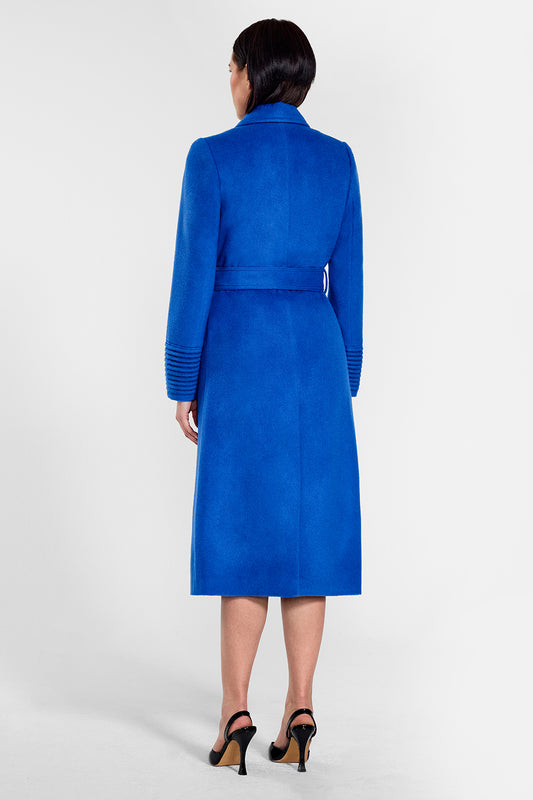 Sentaler Long Notched Collar Wrap Coat crafted in Baby Alpaca wool and in Cobalt Blue. Seen from back on female model.