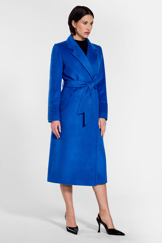 Sentaler Long Notched Collar Wrap Coat crafted in Baby Alpaca wool and in Cobalt Blue. Seen from side on female model.