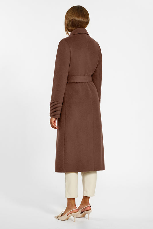 Sentaler Long Notched Collar Wrap Coat featured in Baby Alpaca and available in Sepia Brown. Seen from back belted on female model.