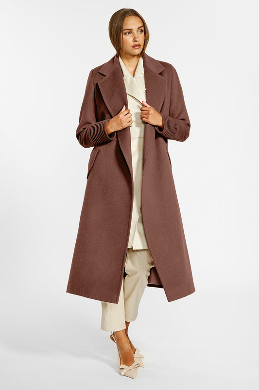 Sentaler Long Notched Collar Wrap Coat featured in Baby Alpaca and available in Sepia Brown. Seen from front open belted on female model.
