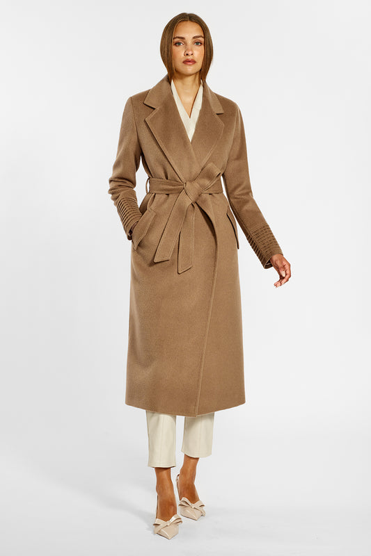 Sentaler Long Notched Collar Wrap Coat crafted in Baby Alpaca wool and in Dark Camel. Seen from front on female model.