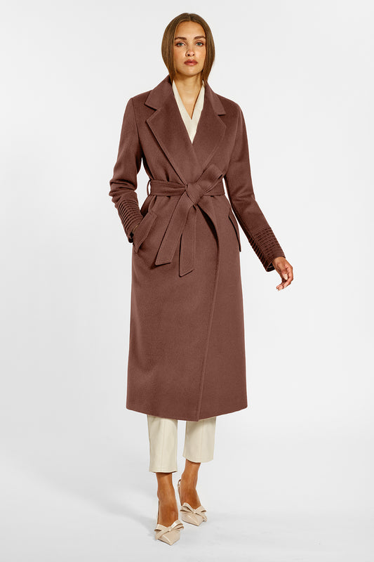 Sentaler Long Notched Collar Wrap Coat featured in Baby Alpaca and available in Sepia Brown. Seen from front belted on female model.