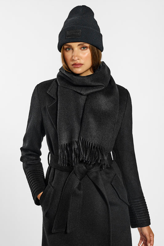 Sentaler Long Notched Collar Wrap Coat, Baby Alpaca Classic Scarf and Alpaca Beanie crafted in Baby Alpaca wool and in Black. Seen from front close up on female model.