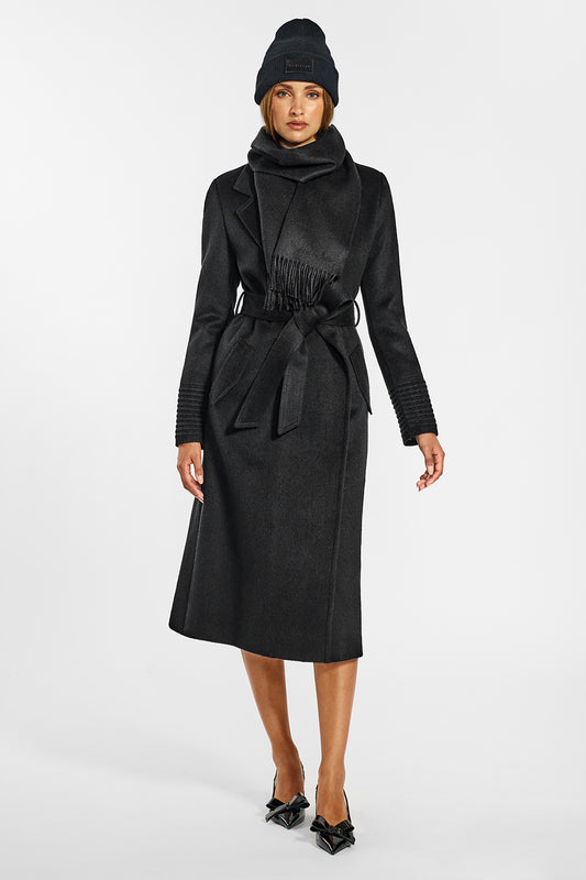 Sentaler Long Notched Collar Wrap Coat, Baby Alpaca Classic Scarf and Alpaca Beanie crafted in Baby Alpaca wool and in Black. Seen from front on female model.