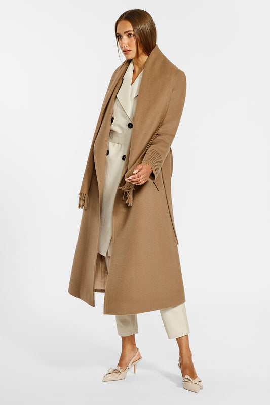Sentaler Long Notched Collar Wrap Coat and Baby Alpaca Classic Scarf crafted in Baby Alpaca wool and in Dark Camel. Seen from side open on female model.