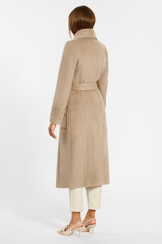 Sentaler Long Wide Collar Wrap Coat crafted in Baby Alpaca and in Camel. Seen from back on female model.