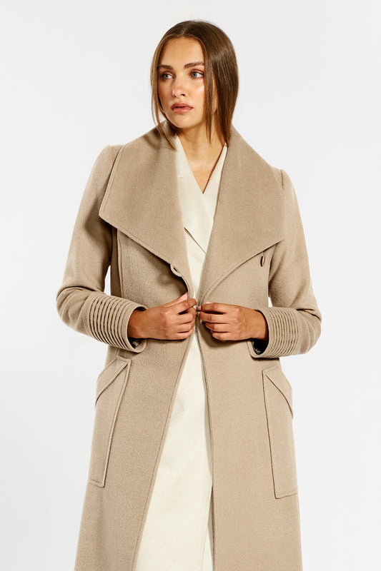 Sentaler Long Wide Collar Wrap Coat crafted in Baby Alpaca and in Camel. Seen from front open above the knees on female model.