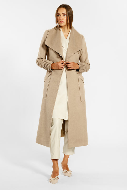Sentaler Long Wide Collar Wrap Coat crafted in Baby Alpaca and in Camel. Seen from front open on female model.