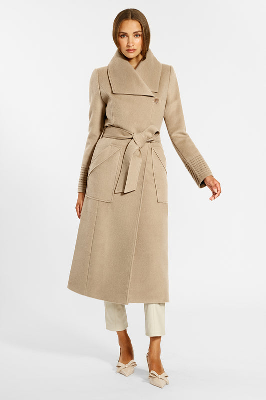 Sentaler Long Wide Collar Wrap Coat crafted in Baby Alpaca and in Camel. Seen from front on female model.