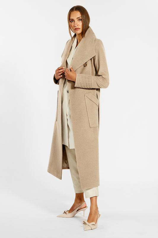 Sentaler Long Wide Collar Wrap Coat crafted in Baby Alpaca and in Camel. Seen from side open on female model.