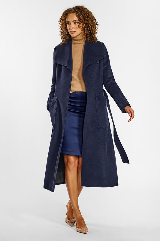Sentaler Long Wide Collar Wrap Coat crafted in Baby Alpaca wool and in Deep Navy. Seen from front open on female model.