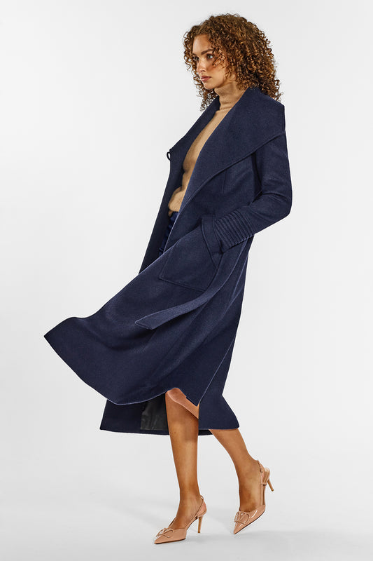 Sentaler Long Wide Collar Wrap Coat crafted in Baby Alpaca wool and in Deep Navy. Seen from side open on female model.