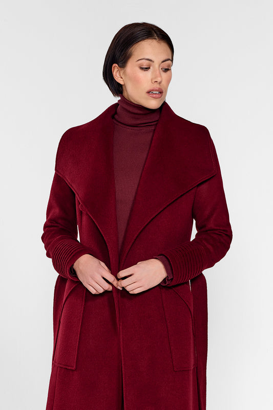 Sentaler Long Wide Collar Wrap Coat featured in Baby Alpaca and available in Garnet Red. Seen from front above the knees on female model who is wearing the coat open.