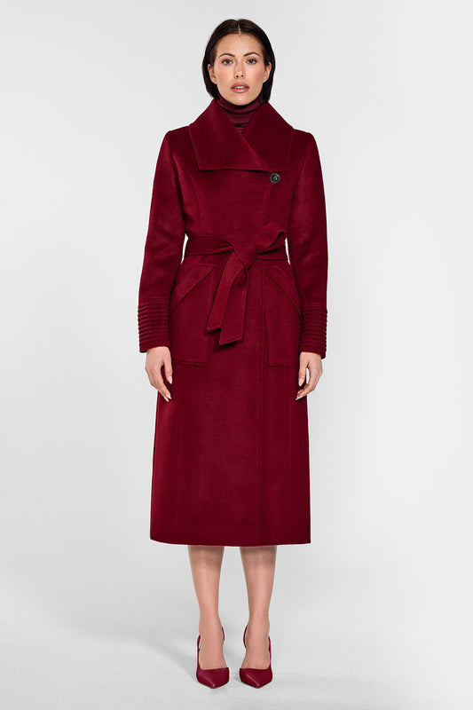 Sentaler Long Wide Collar Wrap Garnet Red Coat in Baby Alpaca. Seen from front on female model belted.