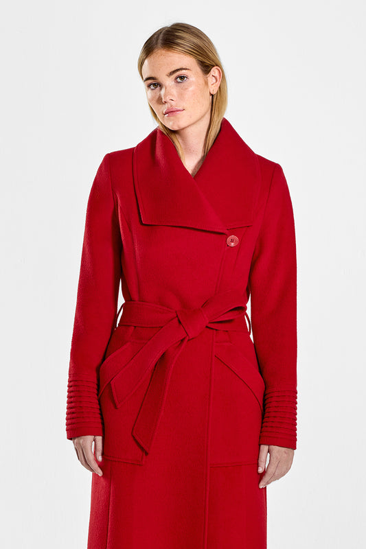 Sentaler Long Wide Collar Wrap Coat featured in Baby Alpaca and available in Scarlet Red. Seen from front above the knees on female model who is wearing the coat belted.