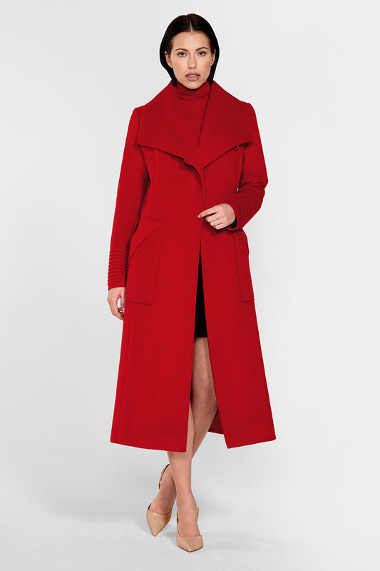Sentaler Long Wide Collar Wrap Coat and Baby Alpaca Classic Scarf featured in Baby Alpaca and available in Scarlet Red. Seen from front on female model who is wearing the coat open.