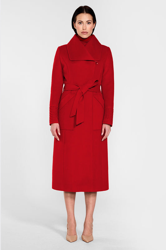 Sentaler Long Wide Collar Wrap Coat featured in Baby Alpaca and available in Scarlet Red. Seen from front on female model who is wearing the coat belted and buttoned.