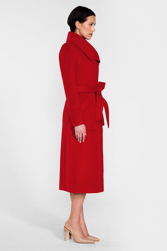 Sentaler Long Wide Collar Wrap Coat featured in Baby Alpaca and available in Scarlet Red. Seen from side on female model who is wearing the coat belted and buttoned.