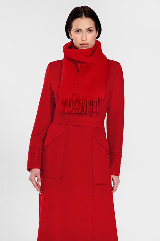 Sentaler Long Wide Collar Wrap Coat and Baby Alpaca Classic Scarf featured in Baby Alpaca and available in Scarlet Red. Seen from front on female model.