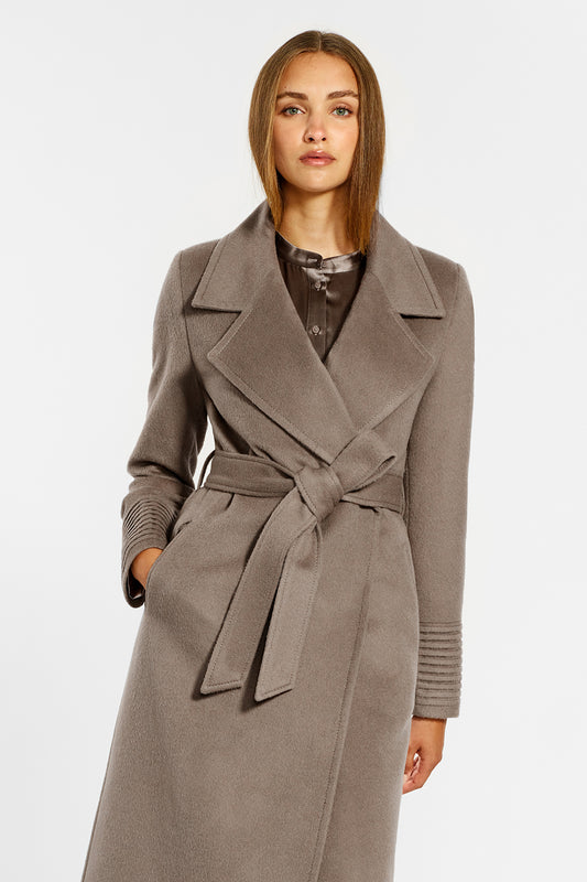 Sentaler Long Wide Notched Collar Wrap Coat crafted in Baby Alpaca wool and in Warm Taupe. Seen from front above the knees on female model.