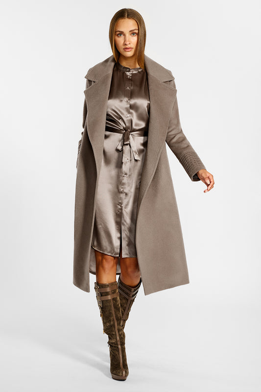 Sentaler Long Wide Notched Collar Wrap Coat crafted in Baby Alpaca wool and in Warm Taupe. Seen from front open on female model.